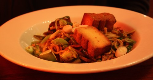 Stir fried vegetables with udon noodles and smoked tofu.